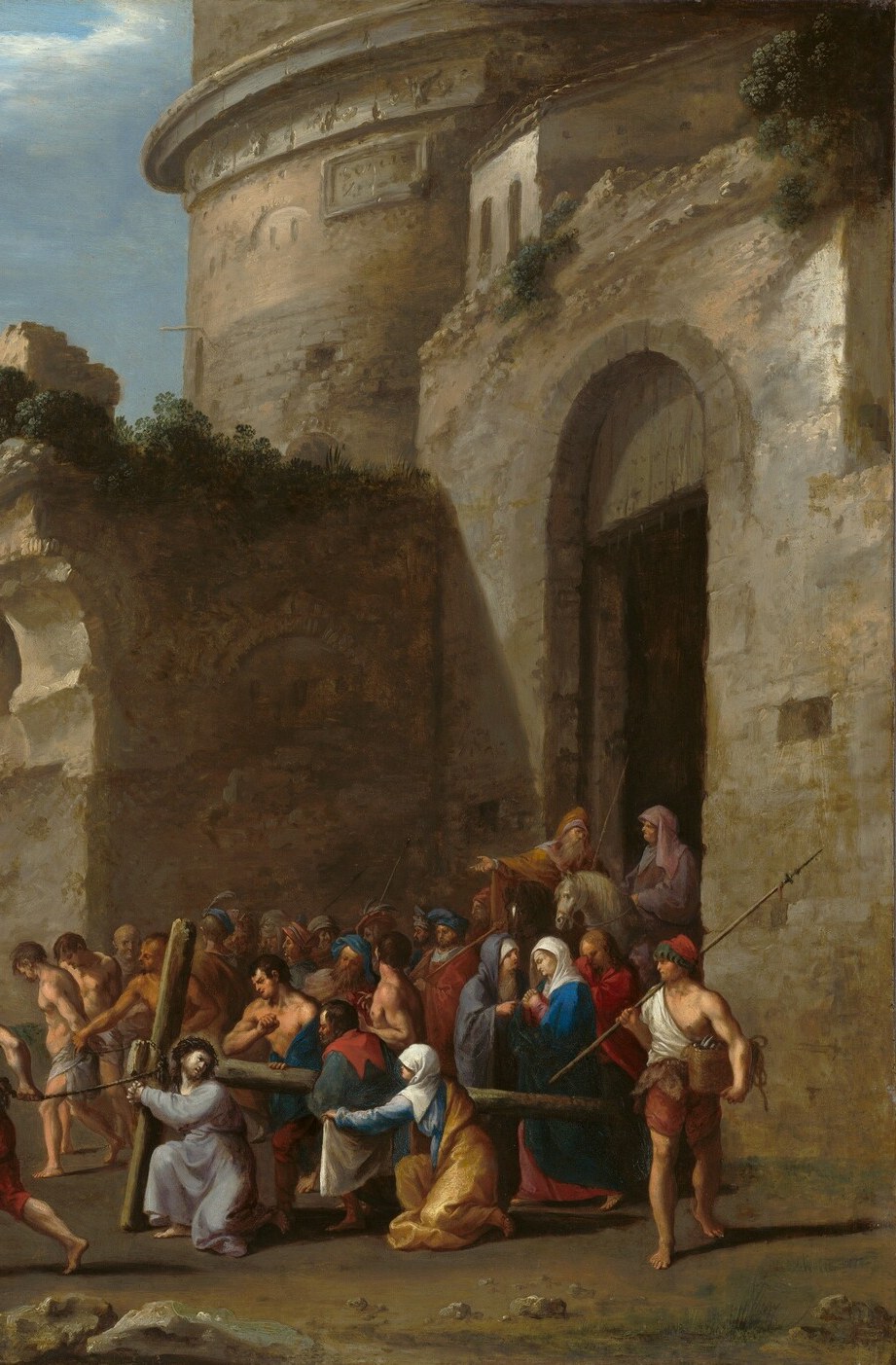 Poelenburch sets Jerusalem inside pagan Rome , the anachronistic classical ruin is a deliberate theological statement: empire as backdrop to sacrifice.