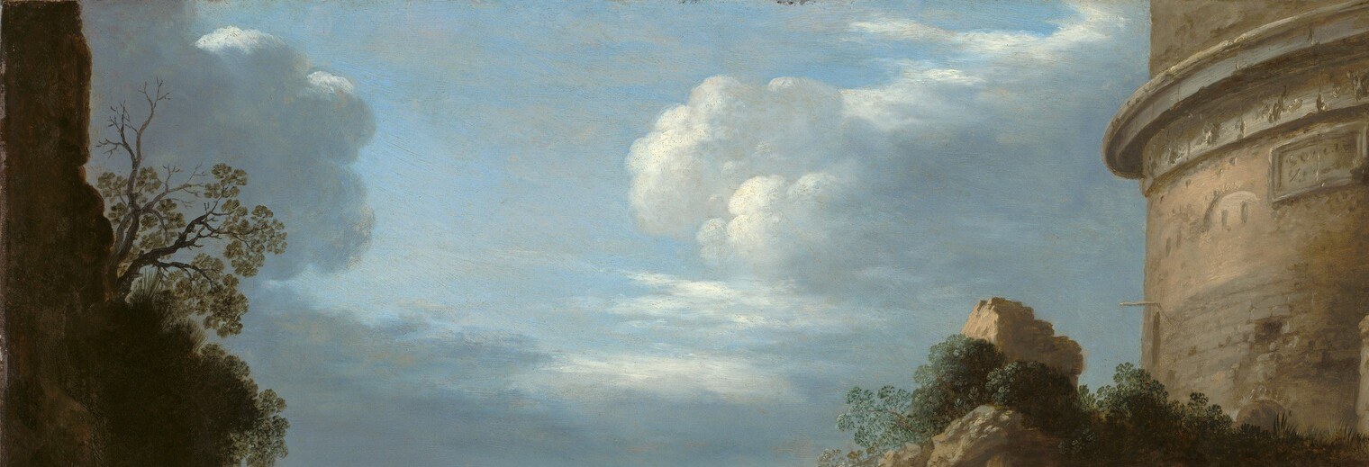 The warm light breaking through cloud above the condemned figure reads as ironic divine presence , light precisely where suffering is below.