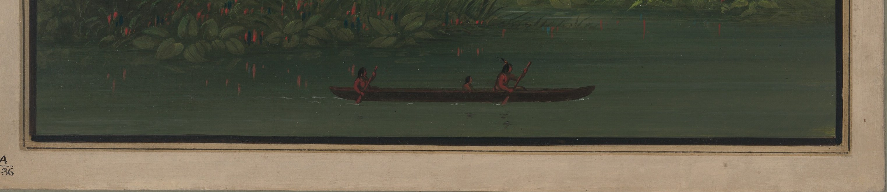 The still water reflects the dense foliage, creating a mirror image and a sense of peacefulness.