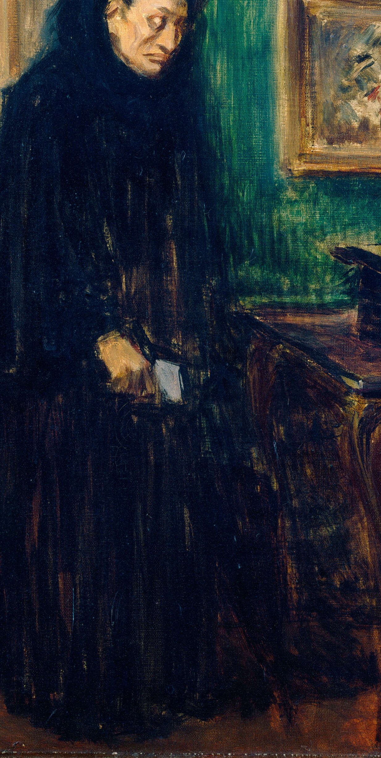 The voluminous, dark fabric suggests mourning, poverty, or a somber social status.