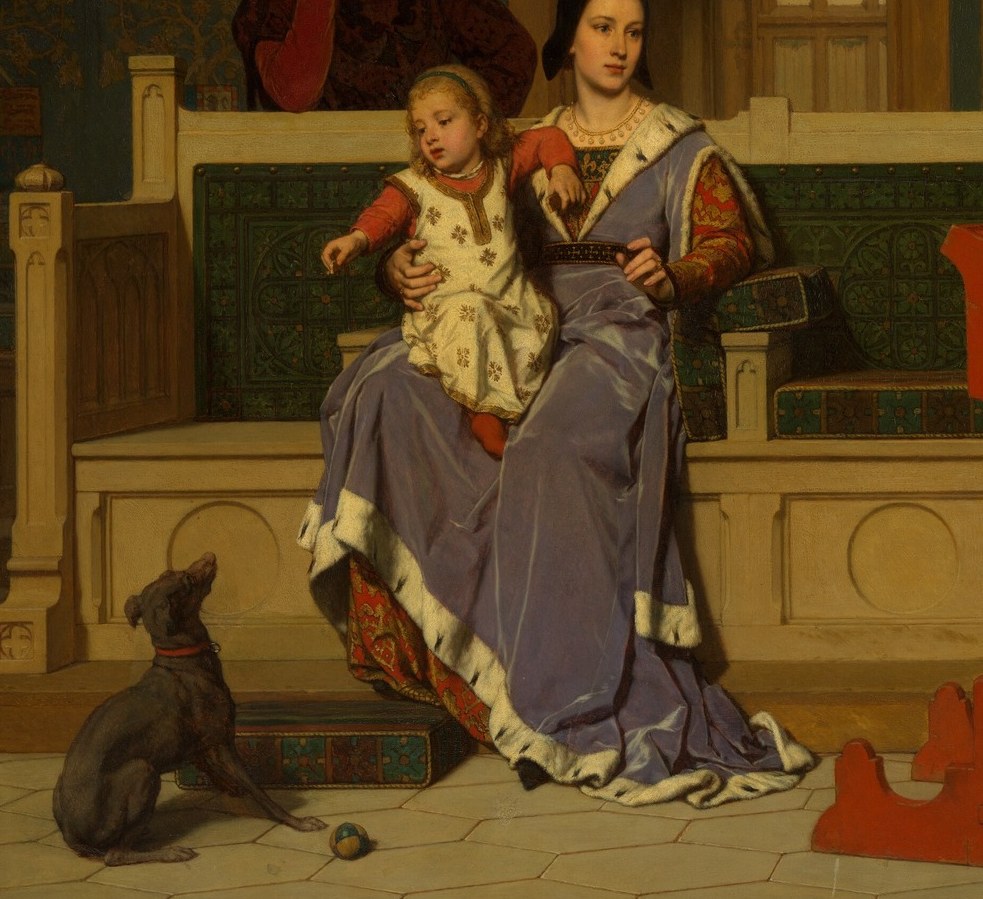 The deep ultramarine blue signals royal status and echoes Marian iconography, lending the secular commission a sacred undertone.