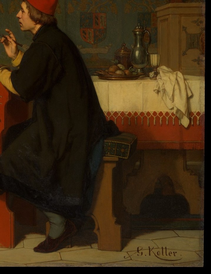 The canvas shows the portrait being made, creating a self-referential loop: a painting of a painter making a painting.