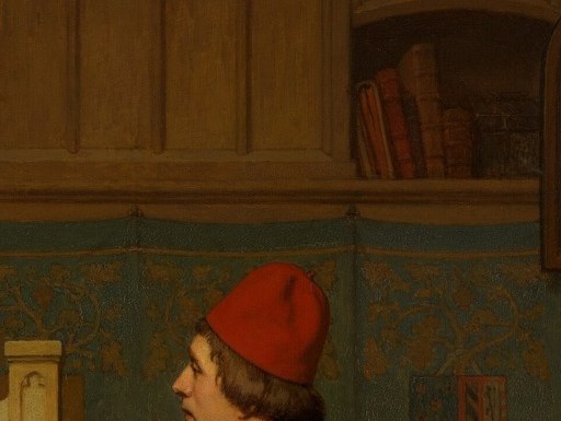 The painter's intent, evaluating gaze is the conceptual fulcrum of the painting-within-a-painting conceit.