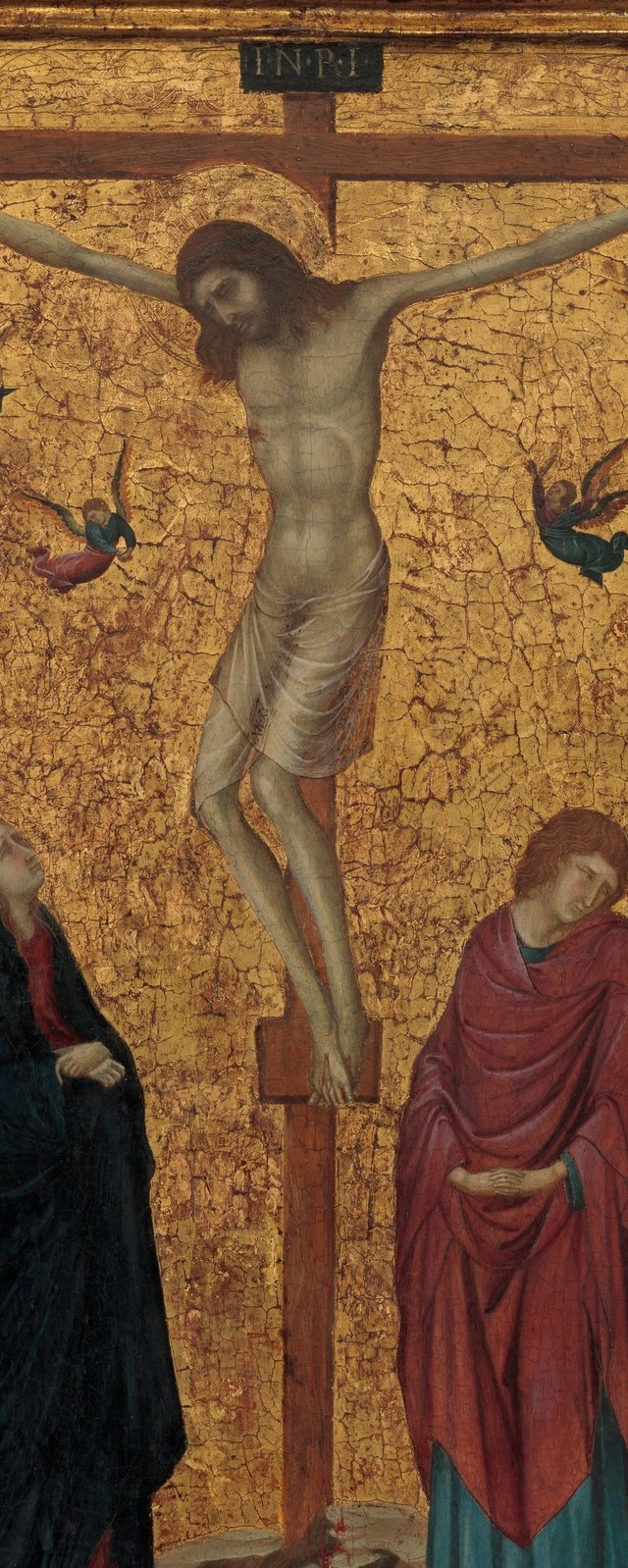 The compositional anchor , pale flesh against gold, arms outstretched; the lean of the torso and loincloth show Ugolino's debt to Duccio's graceful Gothic line.