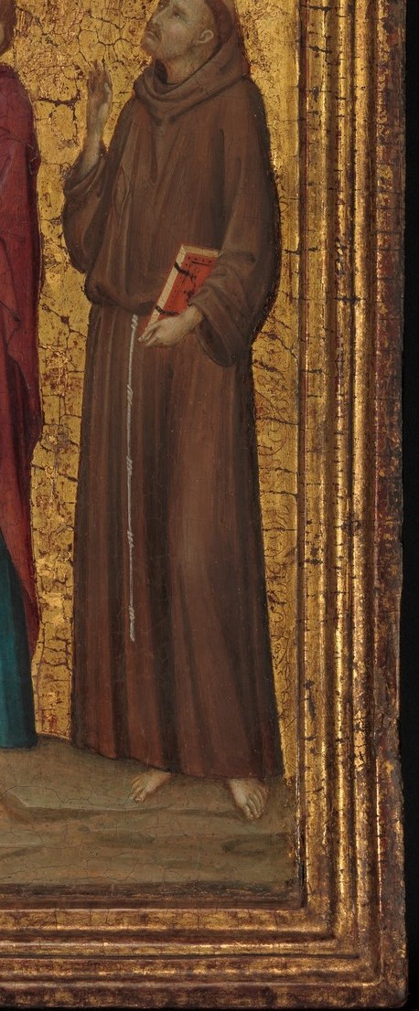 Her vivid scarlet stands apart from the mourning palette of the other figures , an almost shocking color choice that identifies her order and signals her vision-like presence at the Passion.