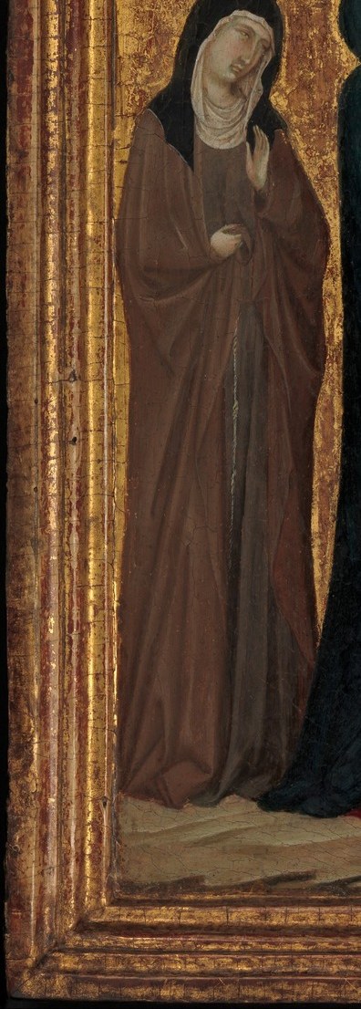 Swathed in near-black drapery, she faces the cross with closed, absorbed grief , the heaviest emotional weight of the lower register.
