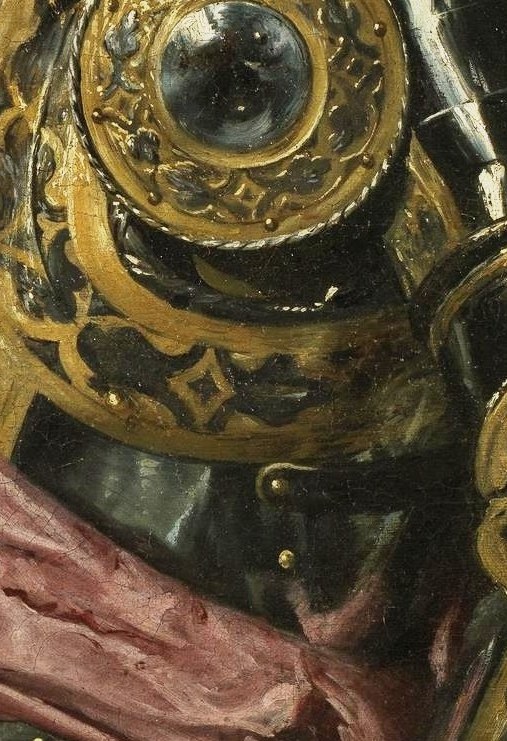 The polished shoulder guard reflects light.