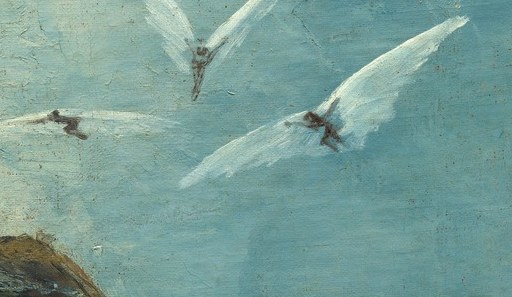 Two white creatures fly in the vast sky.