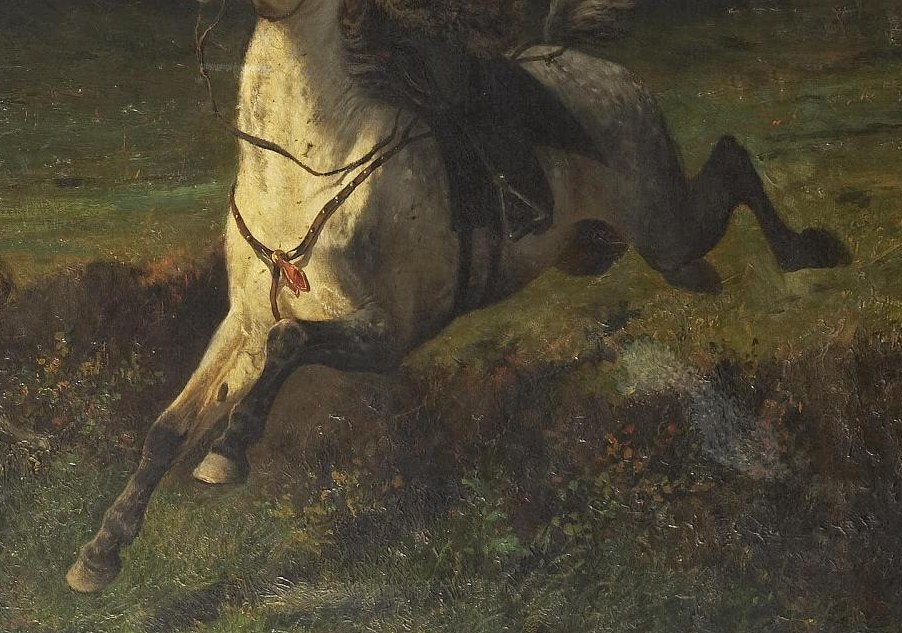 His powerful white horse gallops, muscles straining in the chase.