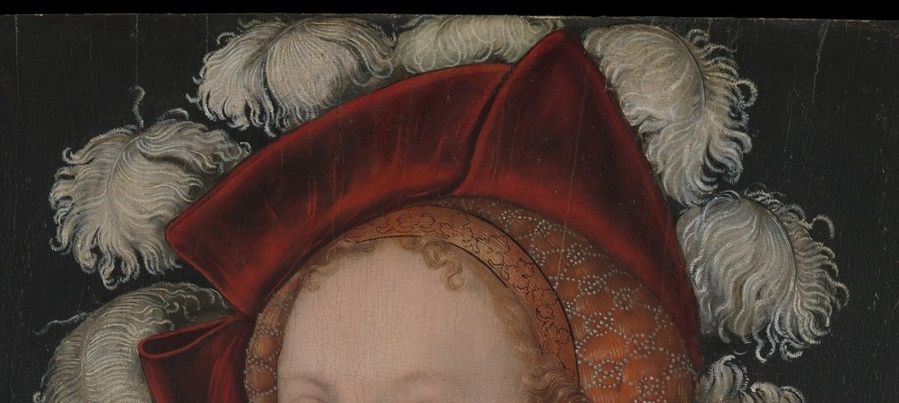 The ostentatious plumage signals aristocratic status and theatricality , Cranach dresses his heroines as German court ladies, collapsing biblical distance into contemporary fashion.