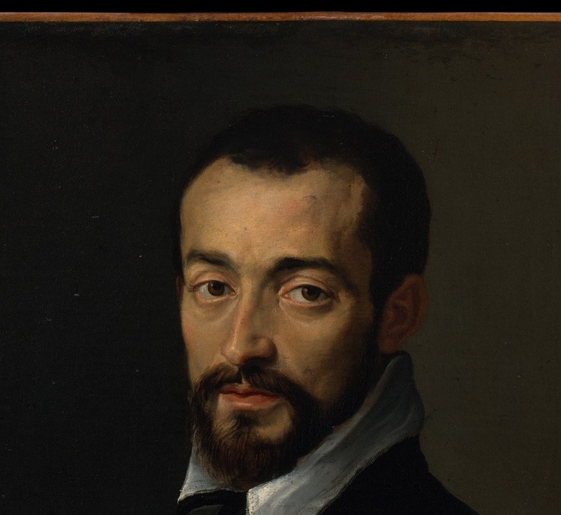 Commanding frontal gaze creates psychological intensity; chiaroscuro models the face dramatically from a single raking light source, making this the emotional anchor of the composition.