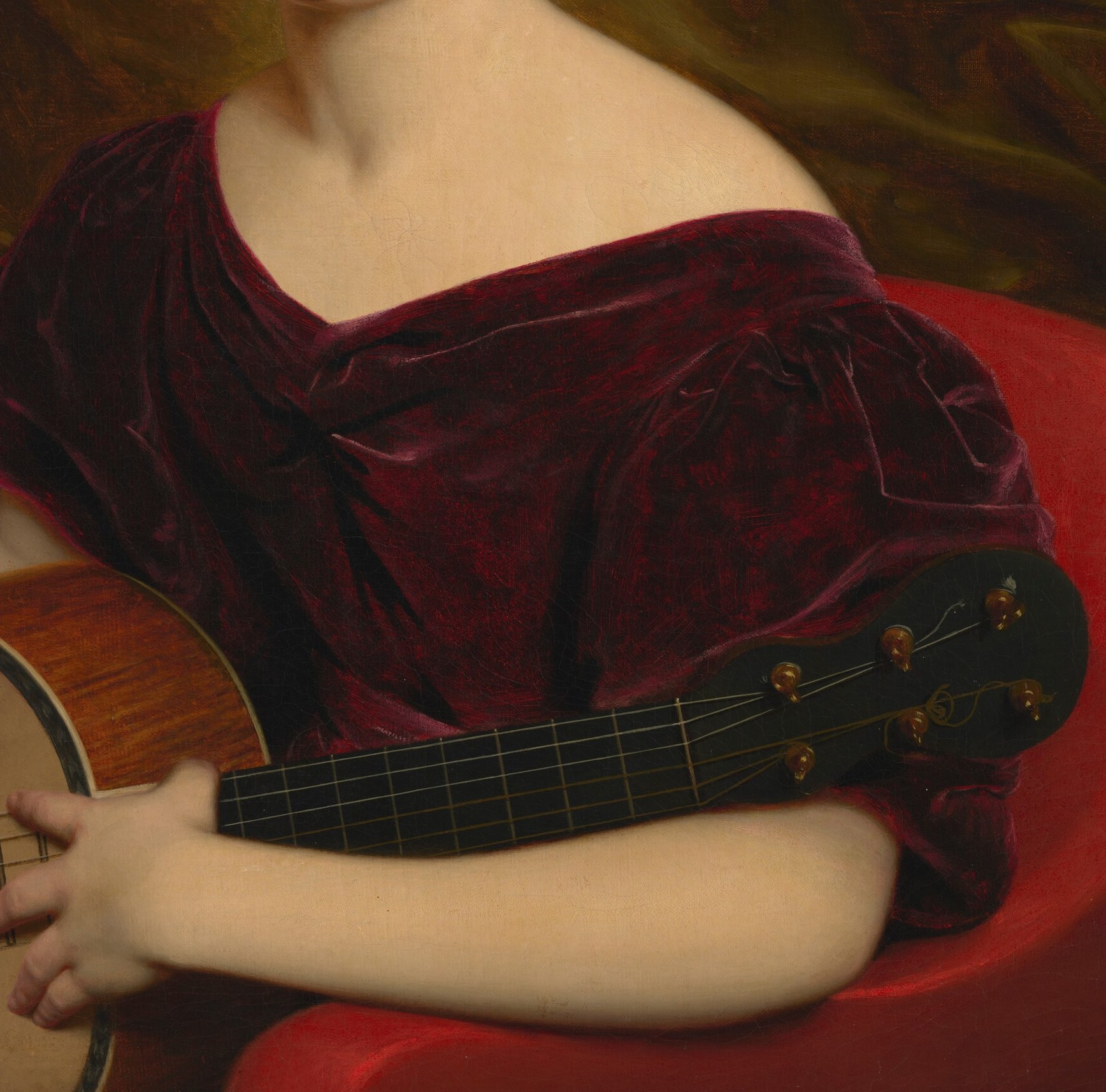 The rich velvet fabric and off-the-shoulder design highlight her social status and the tactile quality of the painting.