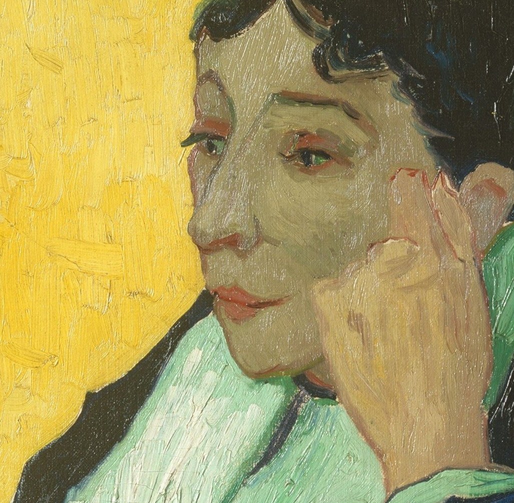 A classic thinker's pose rendered in thick impasto; the fingers press lightly into the cheek, telegraphing quiet reverie rather than boredom.