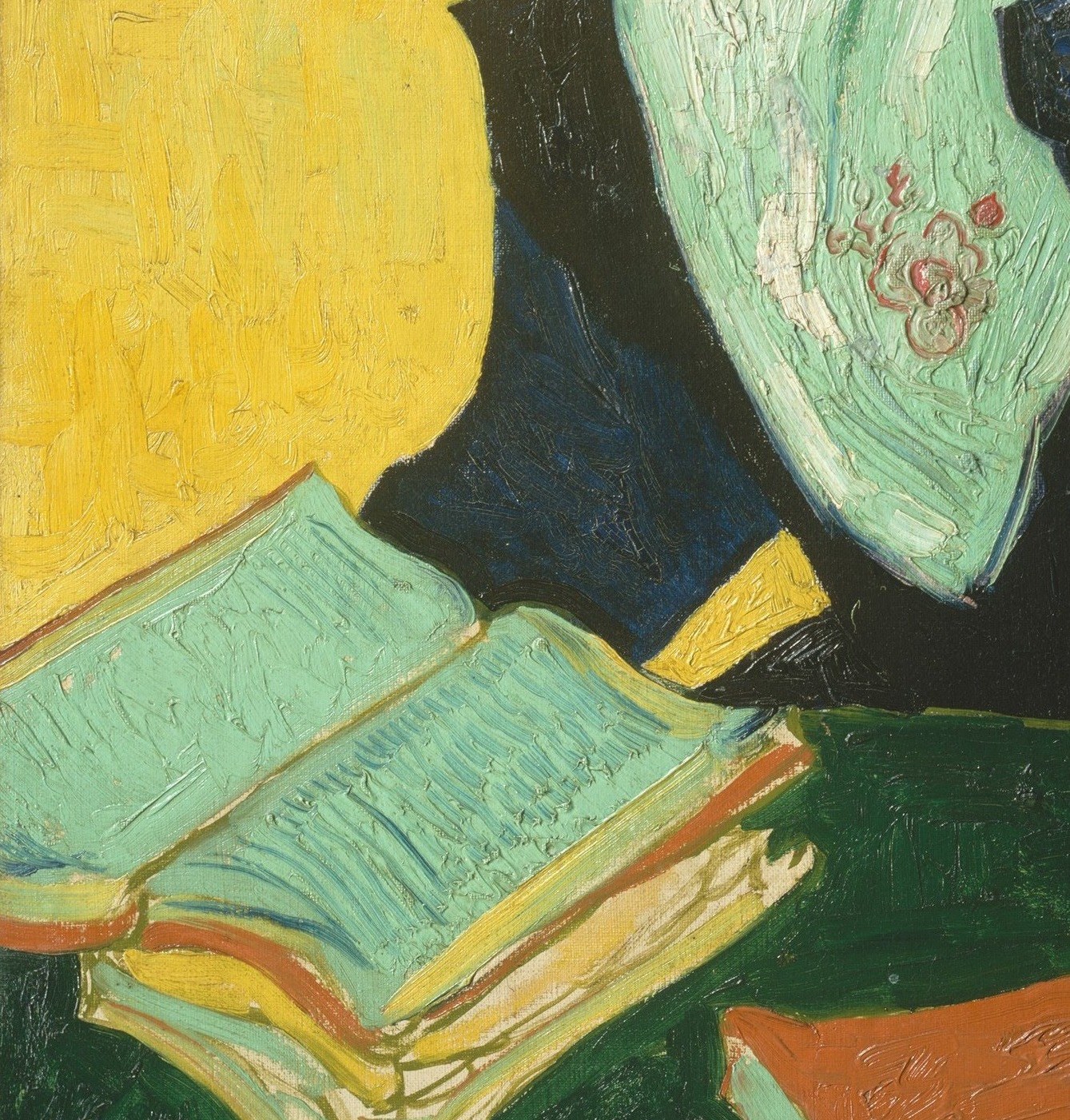 Van Gogh placed books deliberately , here an open volume signals literacy and the life of the mind, linking this woman to the literate bourgeoisie of the Midi he admired.