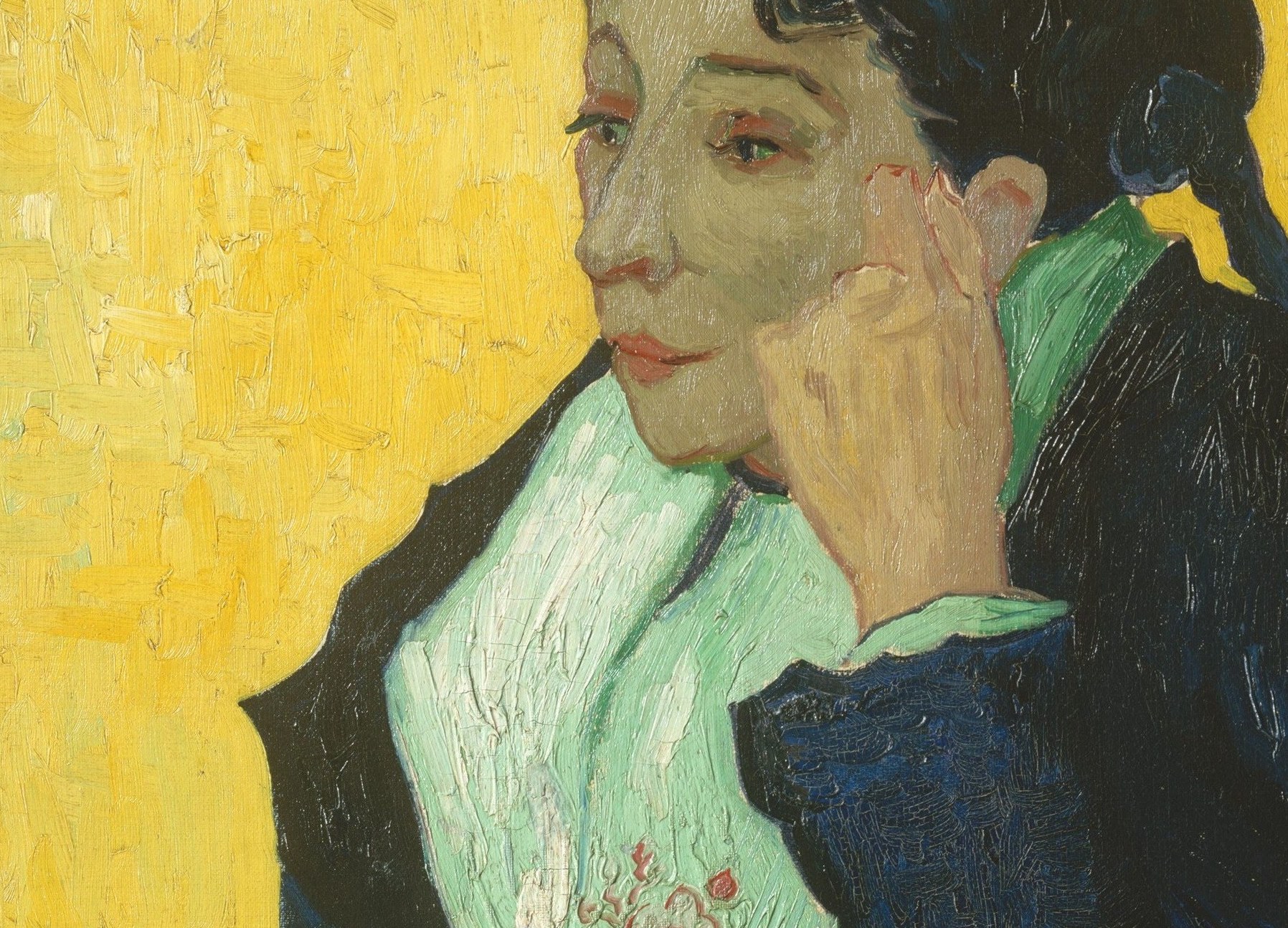 The Provençal fichu is the sitter's cultural marker , this traditional Arles women's collar signals local identity, and close inspection reveals a small floral embroidery pattern.