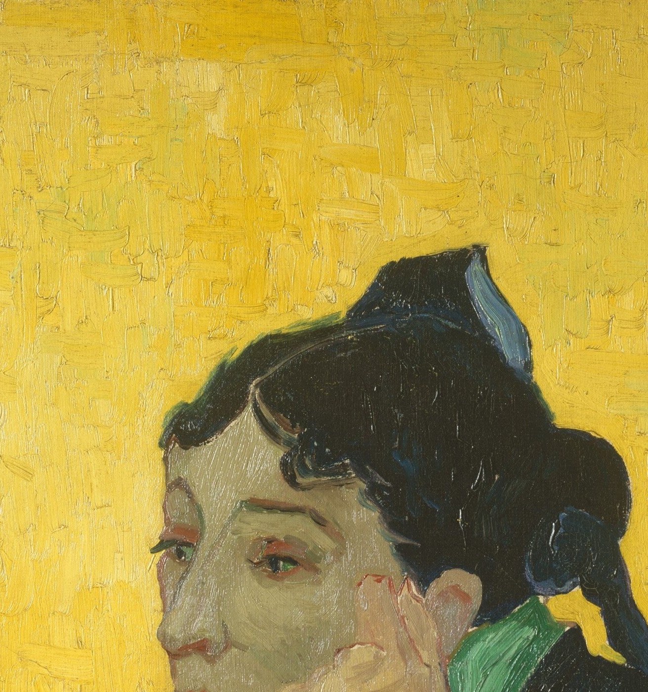 The defining emotional core , her downward gaze and slightly parted lips convey absorbed introspection, the hallmark of Van Gogh's Arlésiennes.