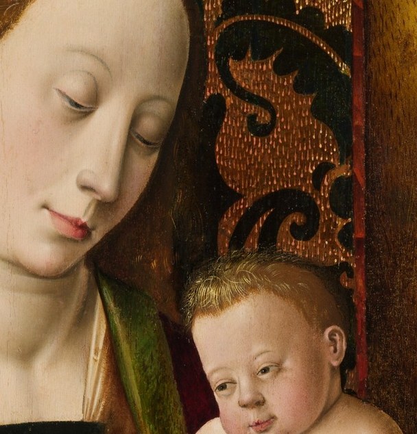 The infant breaks the fourth wall with a direct gaze, a deliberate devotional device inviting the worshipper into the scene , rare and arresting in this format.