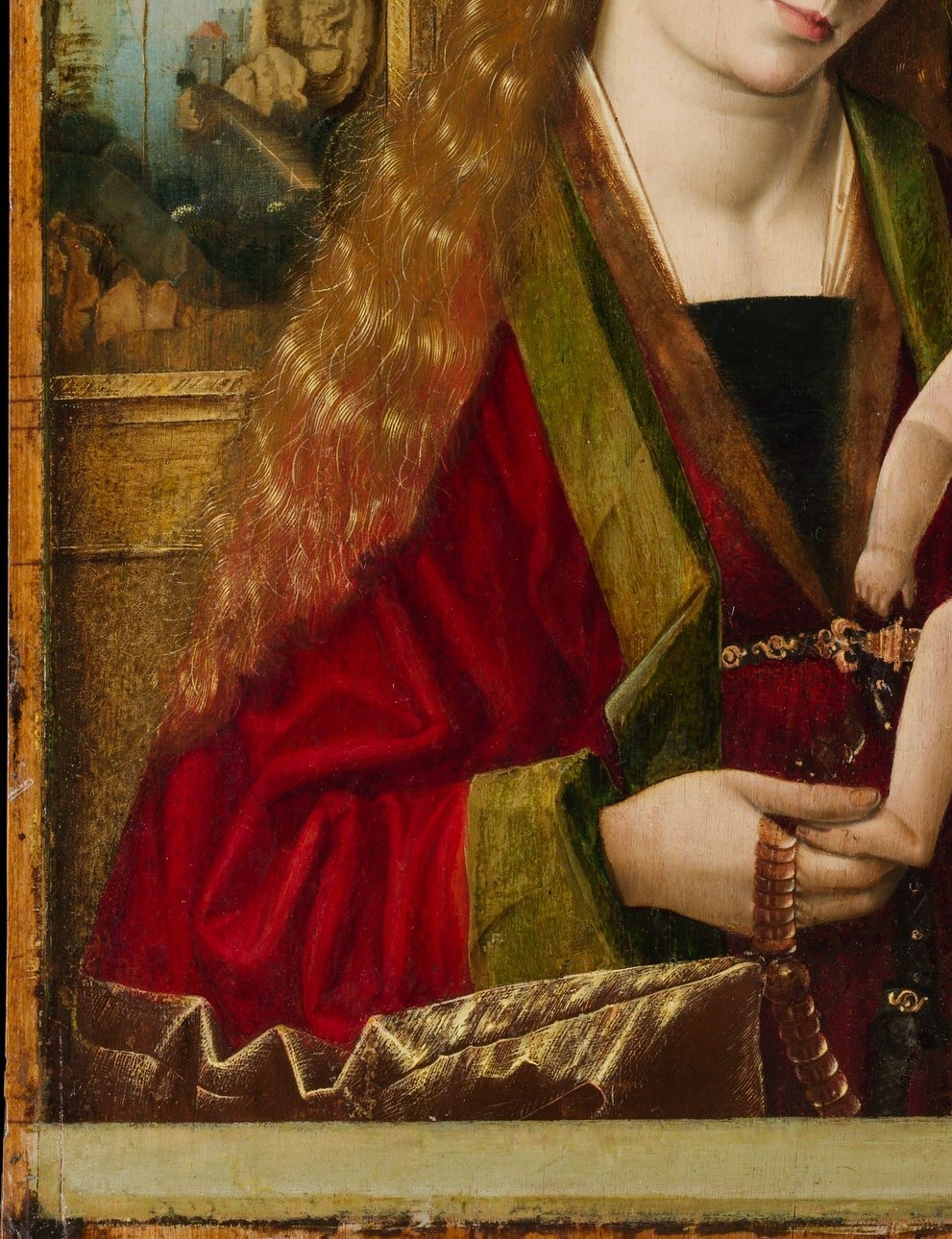 The saturated crimson is an expensive pigment choice (likely vermilion or red lake) and carries Marian iconographic meaning , a bold formal contrast with the gold behind her.