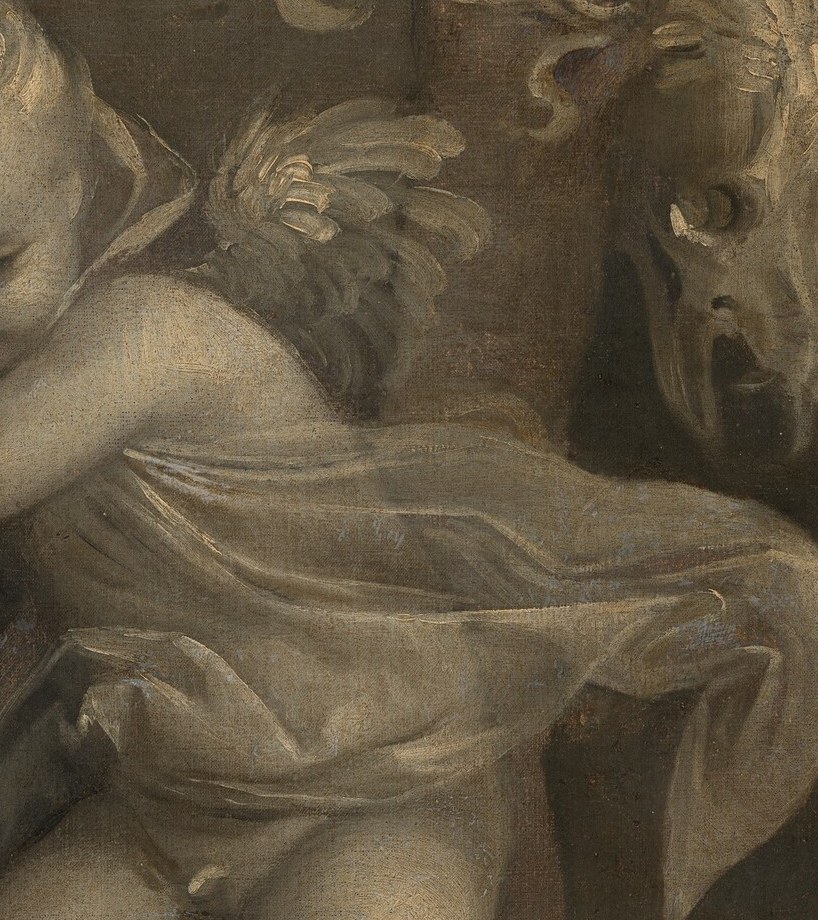 The loose white cloth catches an unseen wind and cuts across the dark background like a sail , Titian's kinetic shorthand for motion through time, and a showcase of rapid wet-on-wet brushwork.