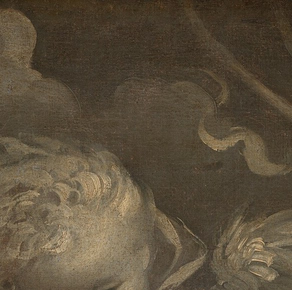 The deity's gaze is directed downward toward the wheel , an unusual posture of concentration rather than playfulness, suggesting agency over fate rather than mere decoration.