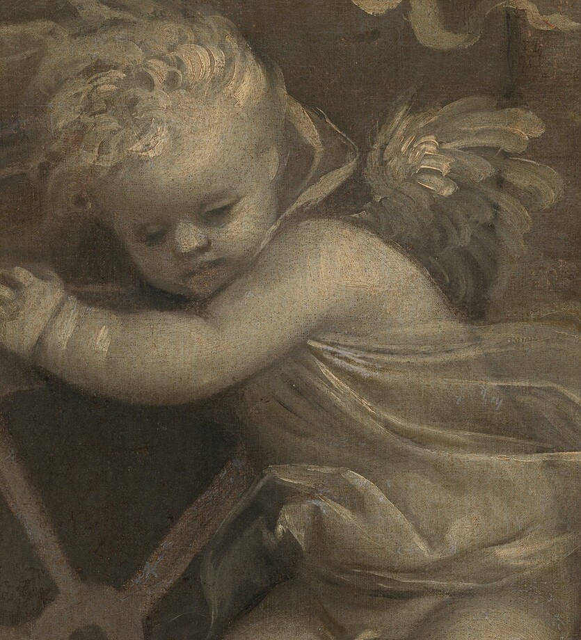 The chubby infant body is rendered with soft sculptural modeling; the contrast between fleshy vulnerability and the hard mechanical wheel beneath him underscores the paradox of desire ruling fate.