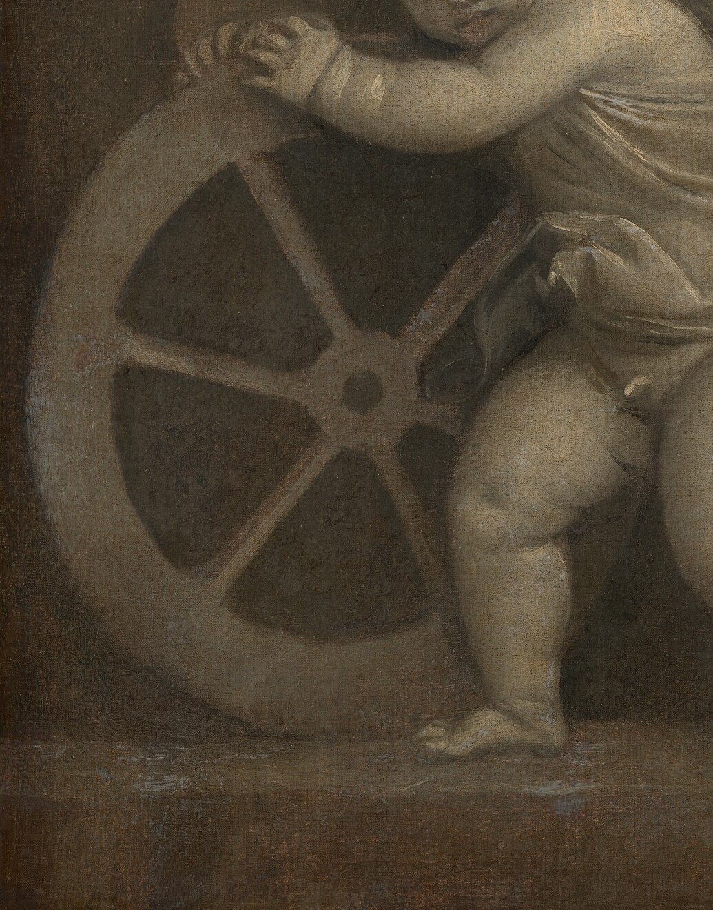 The wheel's spokes and rim are the painting's primary symbolic engine , the entire allegory of time and fate literally rotates around this axis; its scale dwarfs the child who claims to steer it.