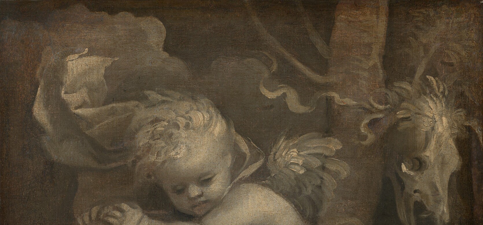 The near-black sky creates a theatrical backdrop; its uniformity in early Titian is notably moody and prefigures the atmospheric drama of his mature period.