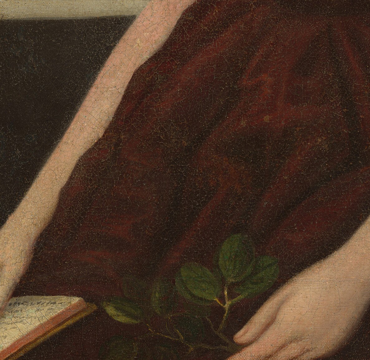 Held open but unread, the book is a deliberate prop signaling literacy and refinement, significant class and gender coding in early-Republic America.