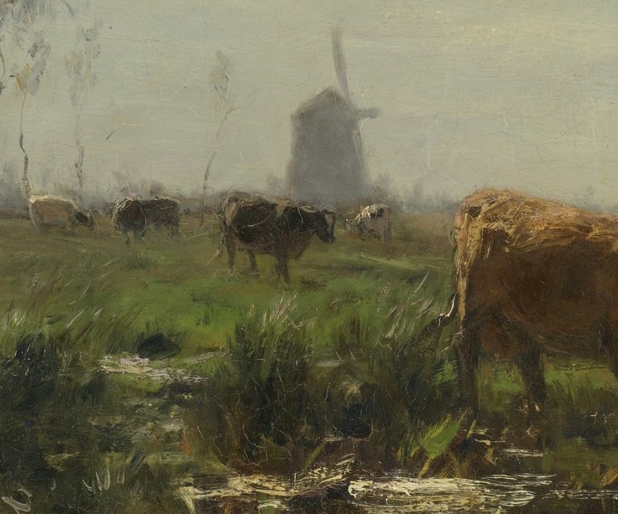 Darker tonal mass that creates a counterweight to the brown cow; low posture suggests rest, reinforcing the scene's pastoral calm.