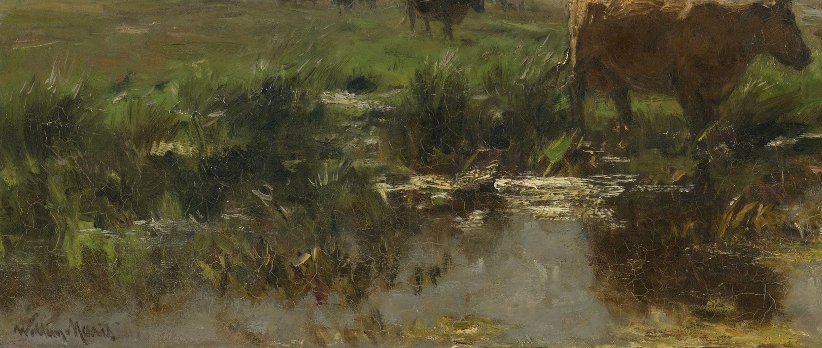 Mirror surface doubles the overcast sky and cow silhouettes; the slight distortion in the reflection reveals the very shallow, slow-moving water , a classic Dutch lowland motif.