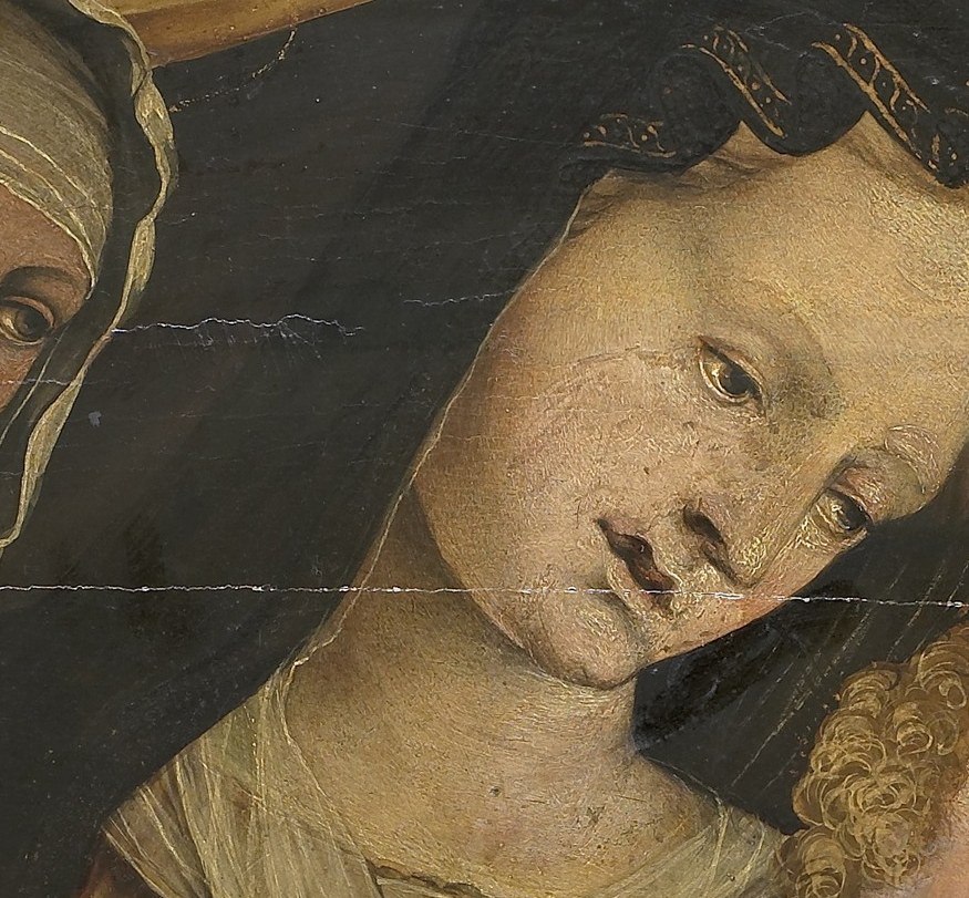 Her downward gaze and slightly parted lips suggest a tender, introspective moment, conveying maternal love and perhaps a hint of melancholy.