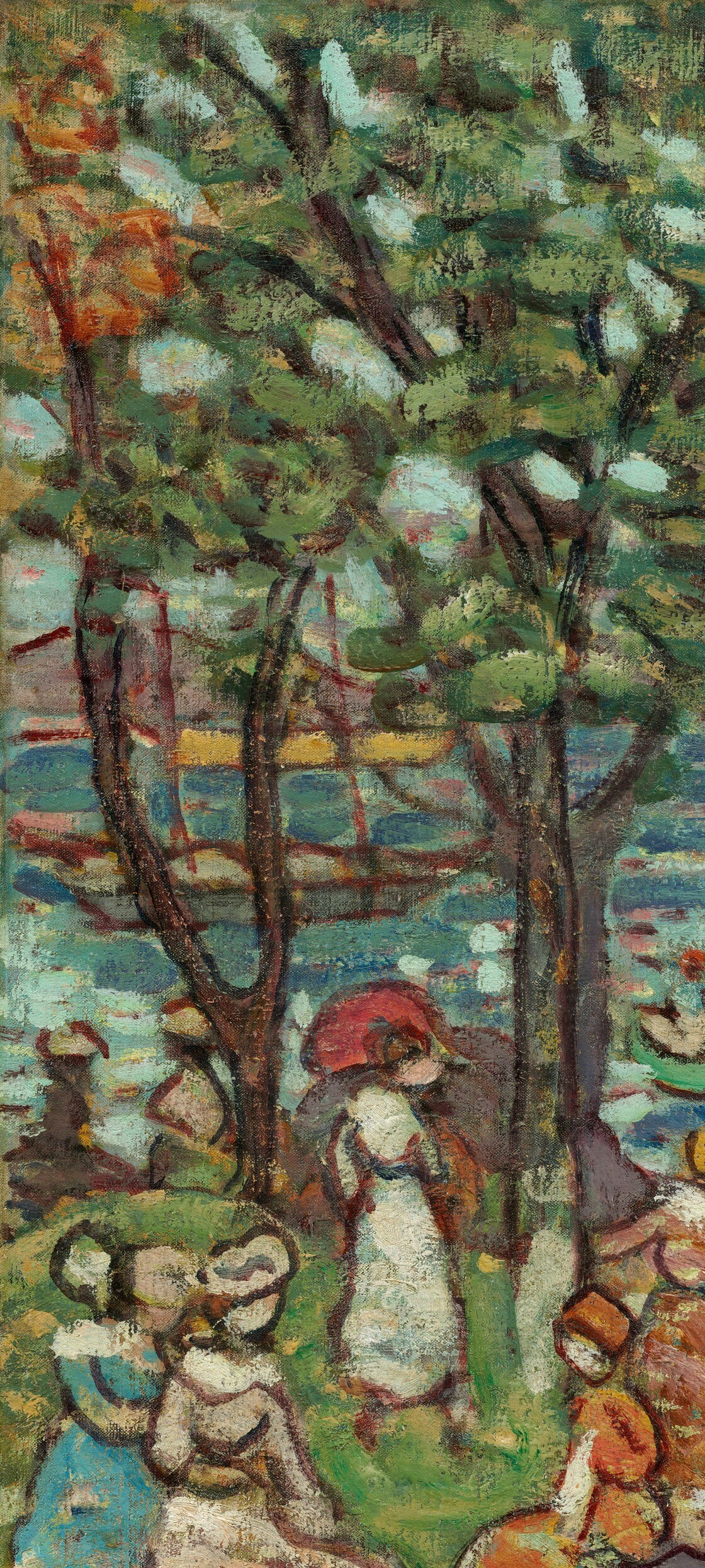The dominant structural pillar of the composition; its rough dark bark anchors the left frame and forces the eye toward the luminous cove beyond.