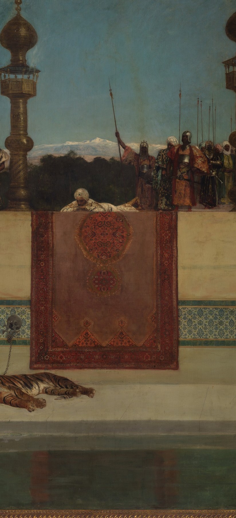 The compositional anchor , an enormous reddish-brown door whose scale dwarfs every human figure, signaling absolute power; the dense surface decoration rewards tight framing.