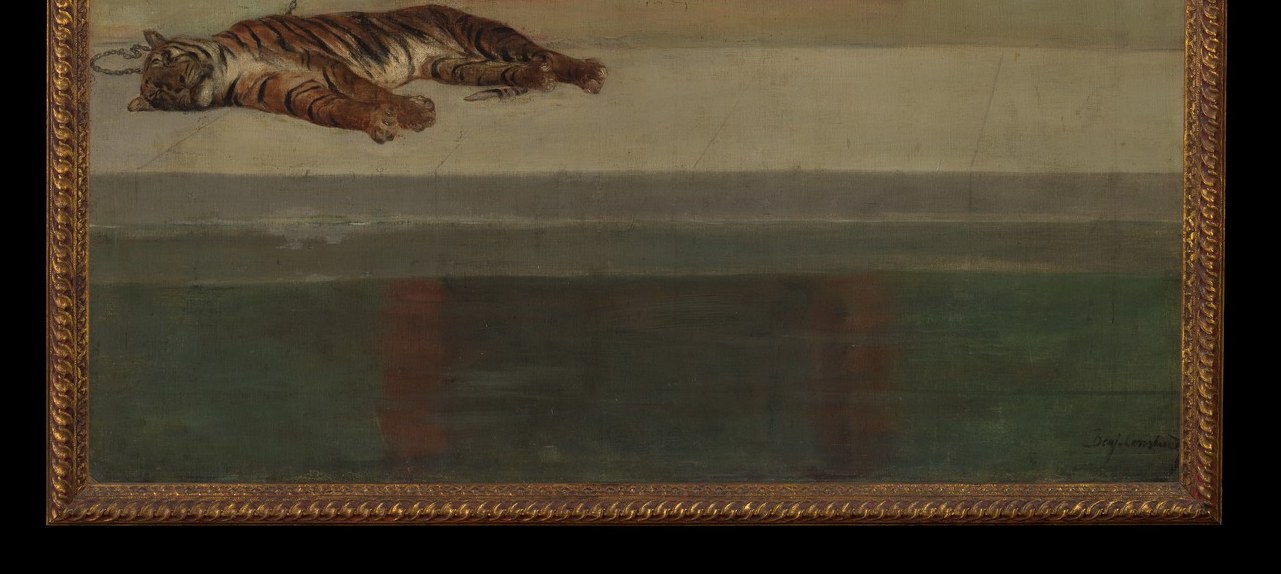 The horizontal ground plane is where tiger, chain, and skull all rest , a stage that connects captive beast to monumental architecture in one unbroken surface.