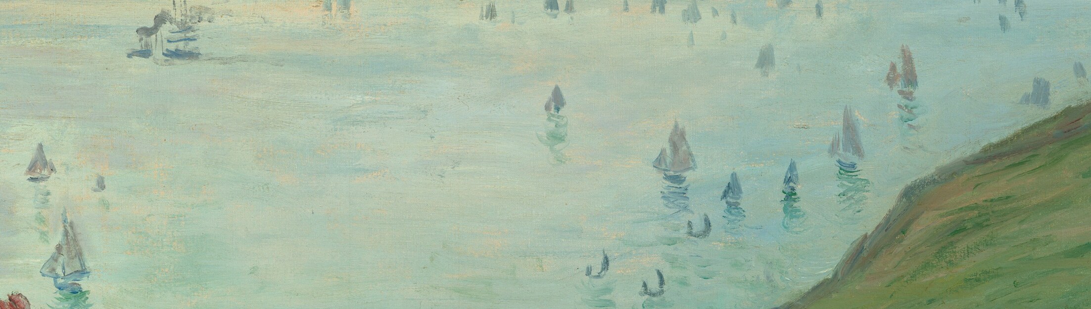 Tiny figures are bathing and wading in the choppy sea.