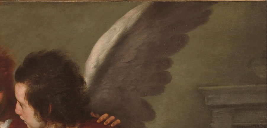 The near-black Caravaggesque void is structural, not decorative , it eliminates spatial distraction and forces the luminous flesh tones forward