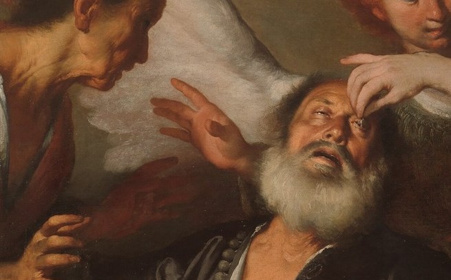 The physical fulcrum of the miracle: fingers on eyelid make divine intervention tactile and human-scaled