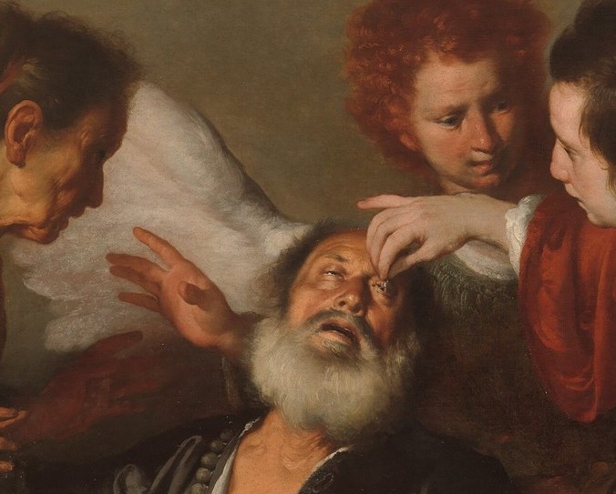 The pivot of the entire scene , the contorted, surrendered expression captures the exact threshold between blindness and restored sight