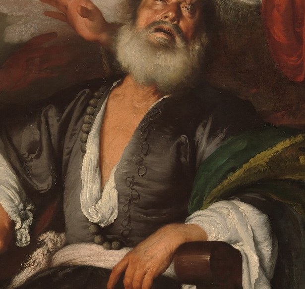 Virtuoso white-on-shadow rendering , the brightest passage in the picture, a Strozzi set-piece in Caravaggesque technique