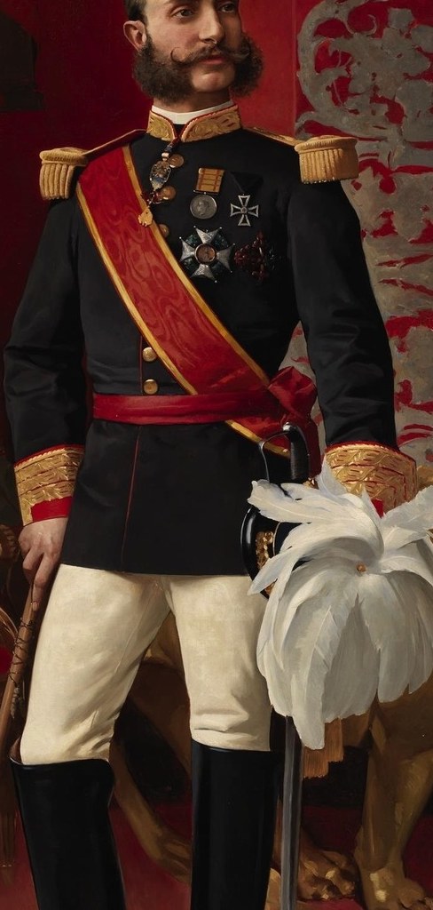 The rich fabric and ornate gold epaulets suggest military rank and prestige.