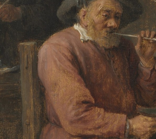 The long-stemmed white clay pipe is the painting's central symbol , tobacco use was moralised in Dutch/Flemish art as both pleasure and folly; getting close reveals the fire glow at the bowl.