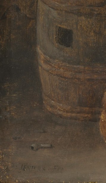 A still-life anchor at the bottom-left; in Flemish genre painting, the jug connotes drink alongside tobacco , vanitas pairing of two earthly pleasures.