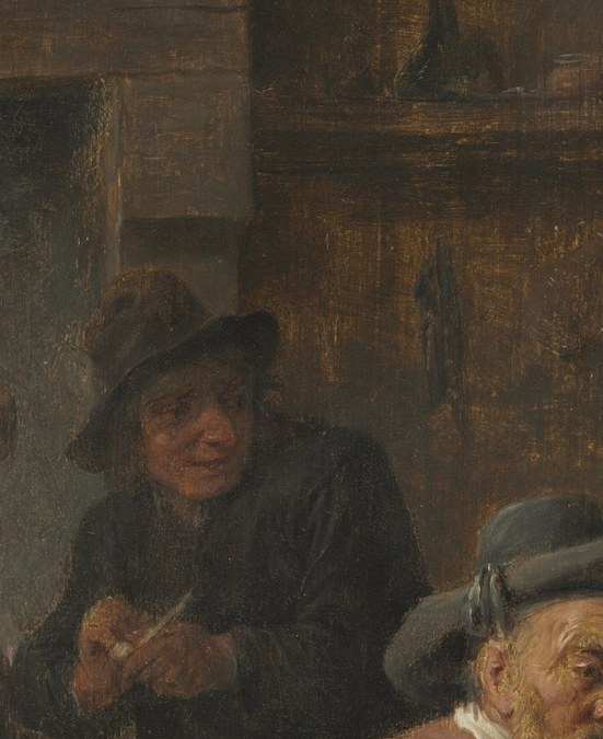 The primary expressive center of the painting , eyes slightly downcast, cheeks puffed as he draws on the pipe; illuminated against the dark wall to draw the viewer immediately here.