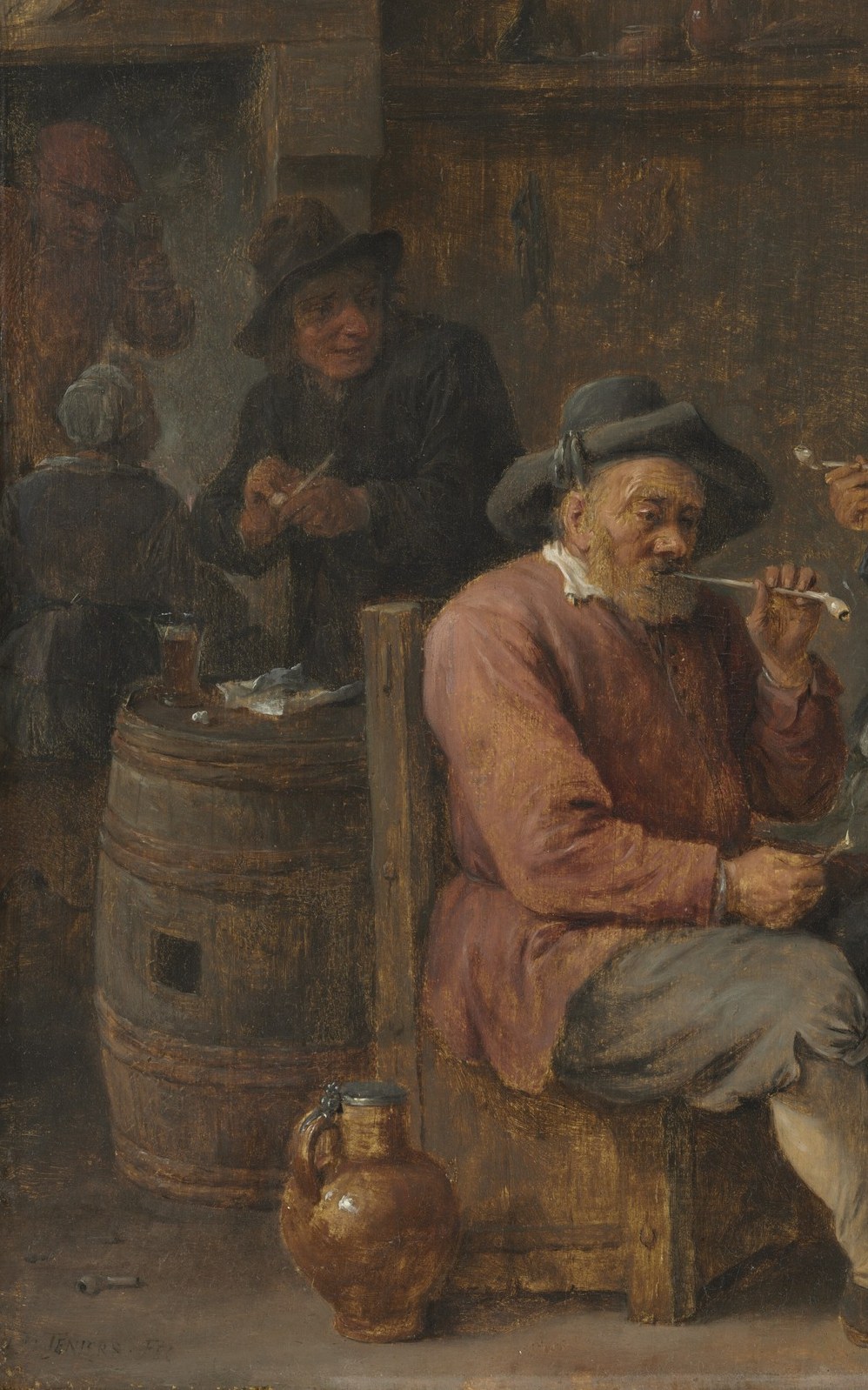 The dominant compositional anchor; Teniers places him slightly off-centre, his rumpled coat rendered with loose painterly confidence that rewards tight framing.