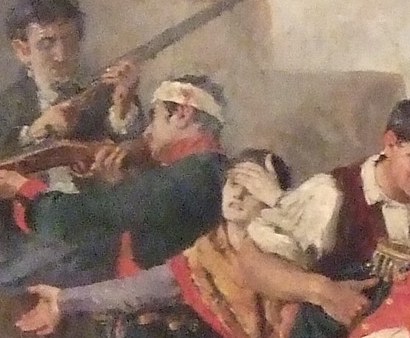 Even the wounded soldier holds a rifle.