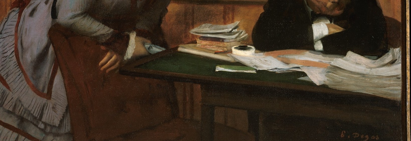 The desk functions as a stage , separating the figures spatially while placing them in shared territory; Degas uses its horizontal mass to ground and compress the scene.
