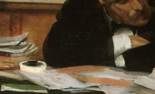 His hand rests over the documents, a barrier between them.