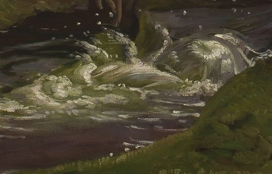 Beneath it, a stream rushes through dead grass.