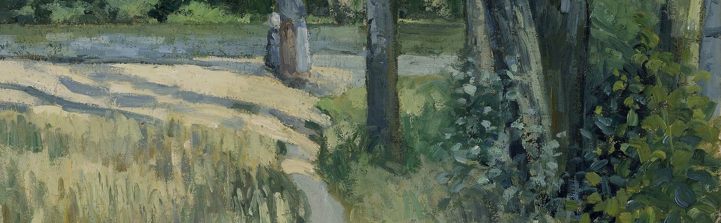 The road is bathed in dappled sunlight, creating a strong sense of depth and atmosphere.