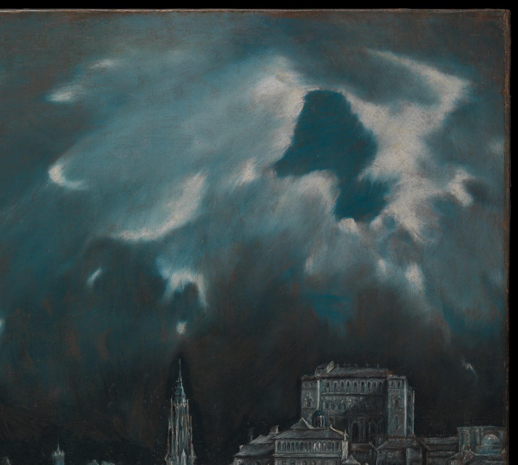 The wall of darkness advancing from the right creates existential tension , storm or apocalypse looming over the earthly city